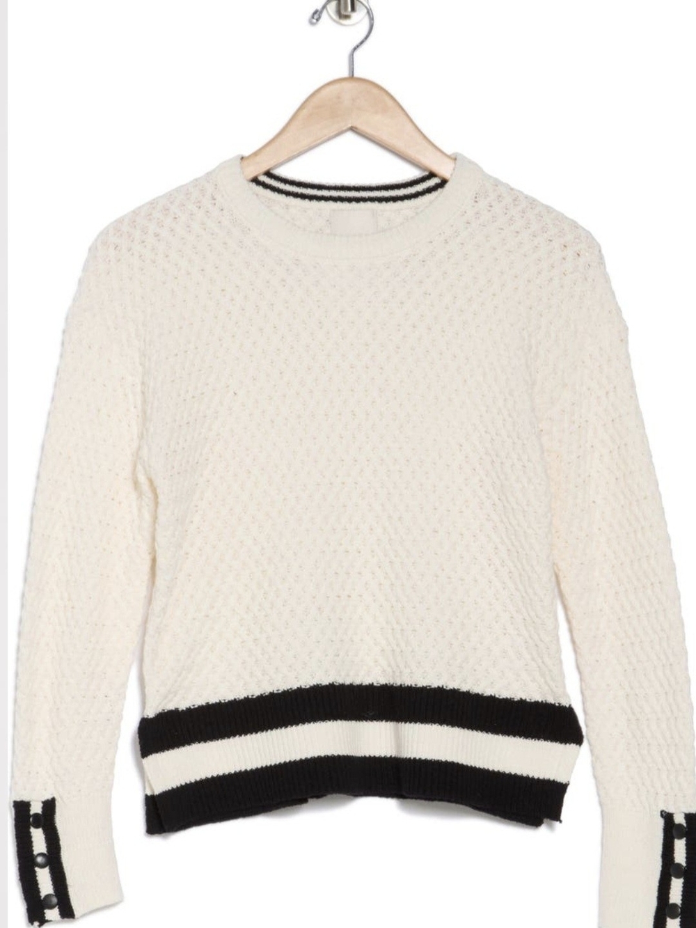 Basket Stitch Sweater with Black Stripe Hem and Cuff Detail Small